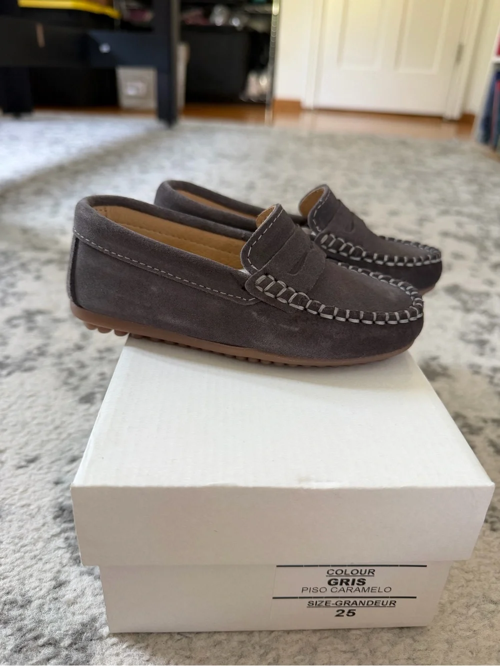 Kids Grey Suede Penny Loafers with Contrast Stitching